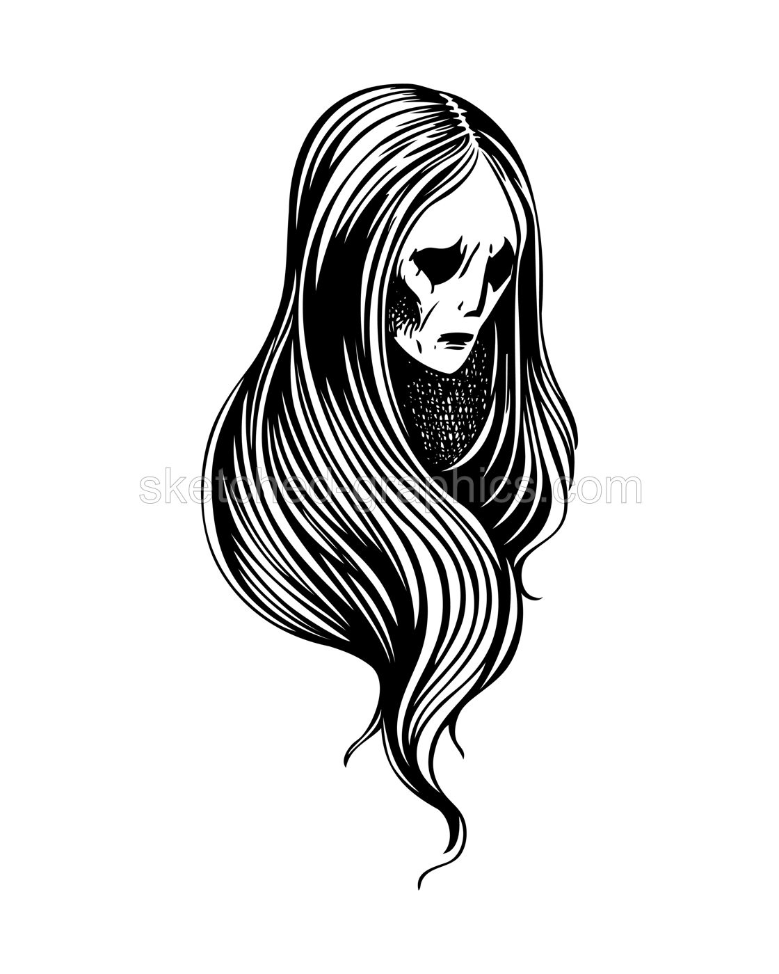 Vintage ghost woman portrait. Gothic tattoo design. Halloween hand-drawn vector illustration. Witch drawing. NOT AI generated Illustration